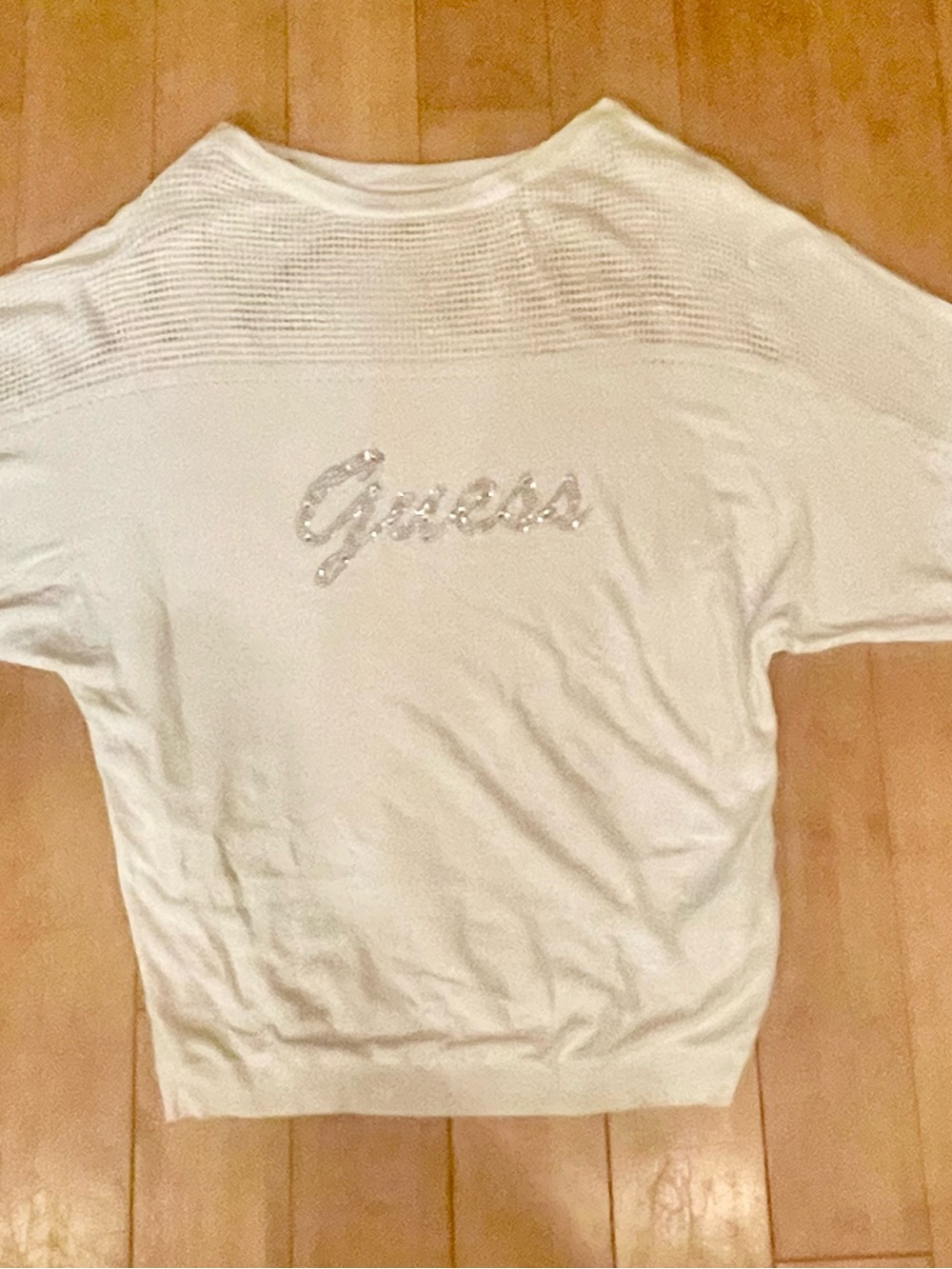GUESS White Crewneck Sweater with Crystal Logo